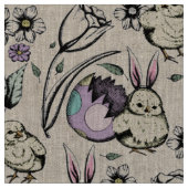 Osterküken & Frühlingsblumen Leinen Stoff (Nahaufnahme)