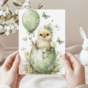 Osterküken Frühlingsblumen Schmetterlinge Aquarell Feiertagskarte