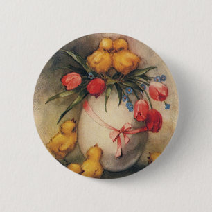 Osterküken im Vintage-Stil, Ei mit roten Tulpenblu Button