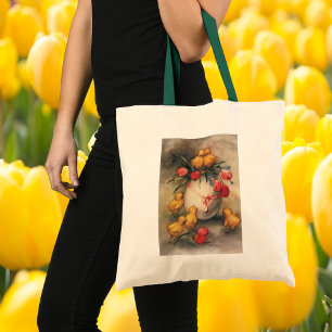 Osterküken im Vintage-Stil, Ei mit roten Tulpenblu Tragetasche