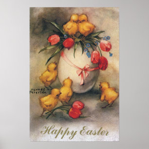Osterküken im Vintage-Stil mit roten Tulpenblumen Poster
