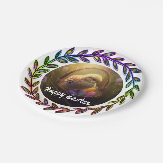 Osterküken in einem Eierkorb Pappteller (Schrägansicht)