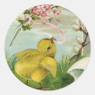 Osterküken mit Blumen im Vintage-Stil Runder Aufkleber