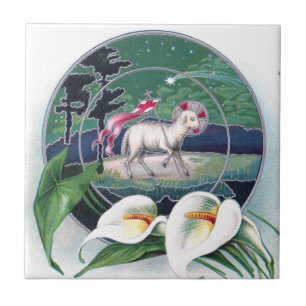 Osterlamm und weiße Lilien Vintage Ostern Fliese