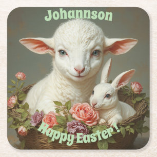 Osterlämmer & Hase personalisierbar im Vintage-Sti Rechteckiger Pappuntersetzer