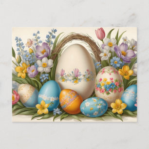 Osterliche Frühlingsblumen und bemalte Eier  Feiertagspostkarte