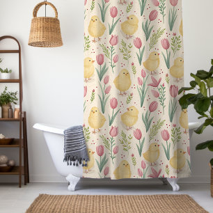Osterliche Vintage-Gelbe Küken mit roten Tulpen Duschvorhang