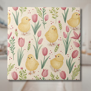 Osterliche Vintage-Gelbe Küken mit roten Tulpen Fliese