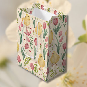 Osterliche Vintage-Gelbe Küken mit roten Tulpen Mittlere Geschenktüte