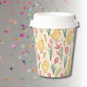 Osterliche Vintage-Gelbe Küken mit roten Tulpen Pappbecher
