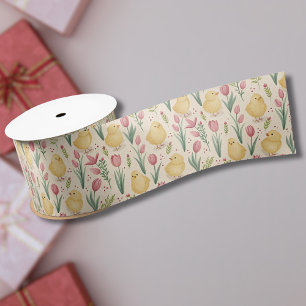 Osterliche Vintage-Gelbe Küken mit roten Tulpen Satinband
