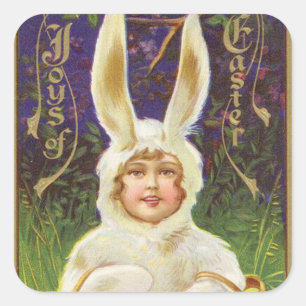 Osterliche Vintage-Kinder-Hasen-Feiertags-Aufklebe Quadratischer Aufkleber