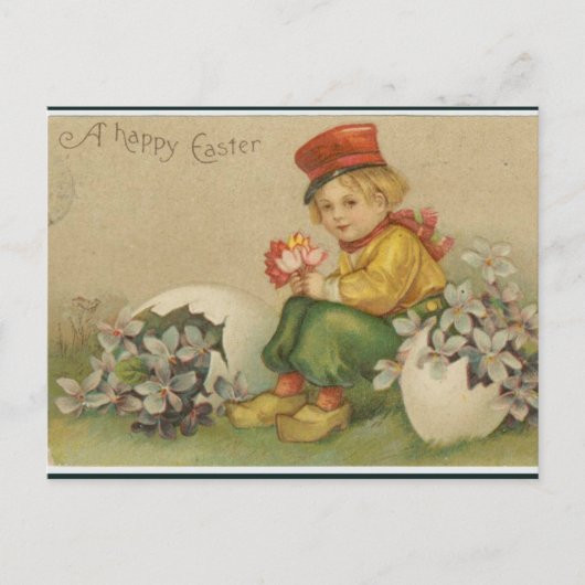 Osterlicher Junge mit Blumen und Ei Postkarte (Vorderseite)