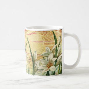 Osterlilien im Sonnenaufgang und viktorianische En Kaffeetasse