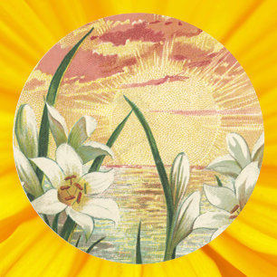 Osterlilien Sonnenaufgang und viktorianische Engel Runder Aufkleber
