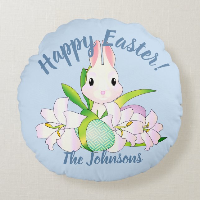 Osterlilies & Sweet Bunnies Rundes Kissen (Vorderseite)