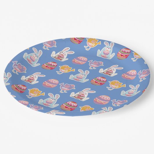 Ostermuster Blau-Grau-Papier-Teller Pappteller (Schrägansicht)