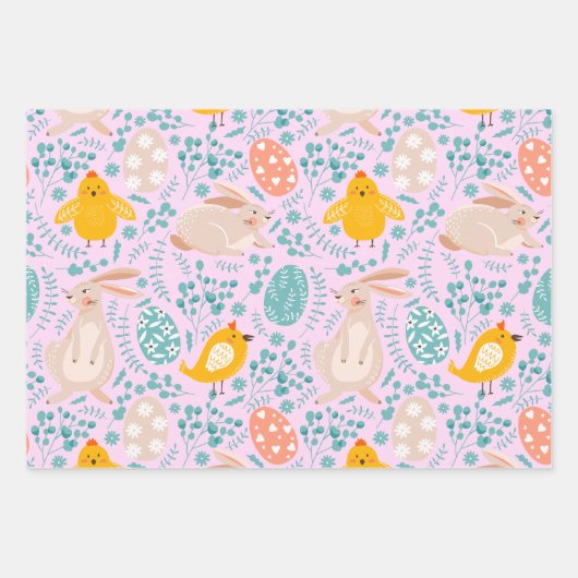 Ostermuster mit Eiern, Hasen, Küken, Blume Geschenkpapier Set (Vorderseite 3)