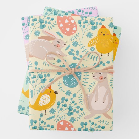 Ostermuster mit Eiern, Hasen, Küken, Blume Geschenkpapier Set (Beispiel)