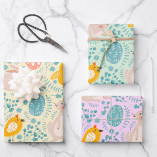 Ostermuster mit Eiern, Hasen, Küken, Blume Geschenkpapier Set