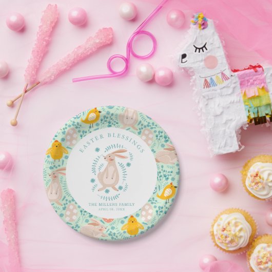 Ostermuster mit Eiern, Hasen, Küken, Blume Pappteller (Party)