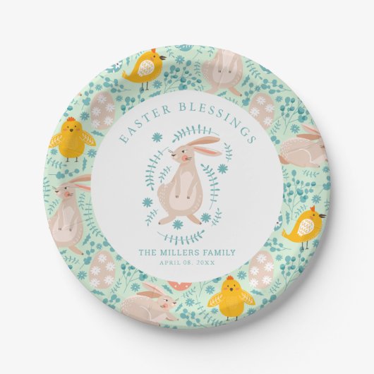 Ostermuster mit Eiern, Hasen, Küken, Blume Pappteller (Vorderseite)