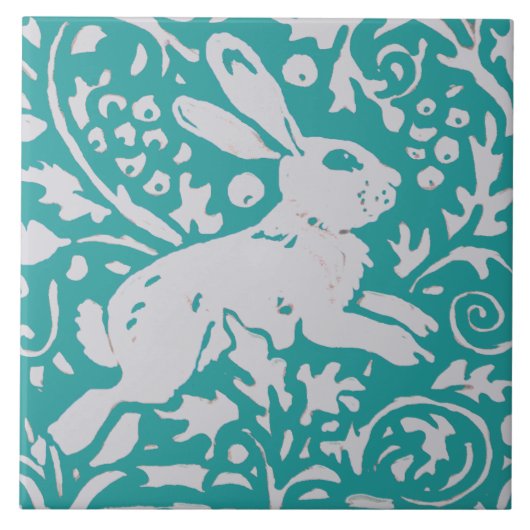 Ostern Aquamarin Blauer Kaninchen Bunny Floral Nat Fliese (Vorderseite)