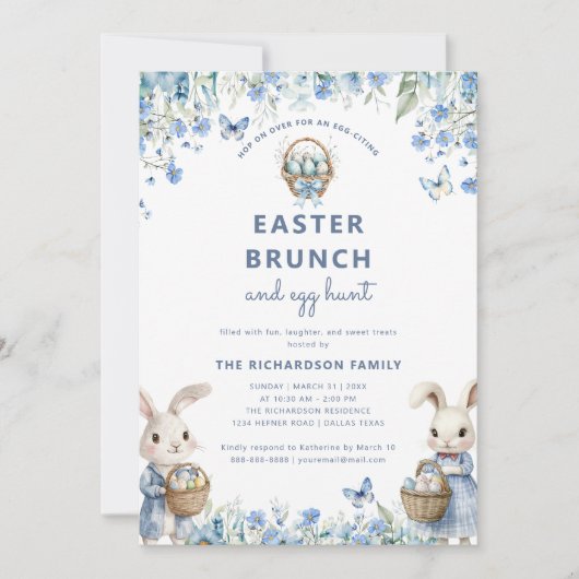 Ostern Brunch & Eierjagd Niedlich Blauer Blumenstr Einladung (Vorderseite)