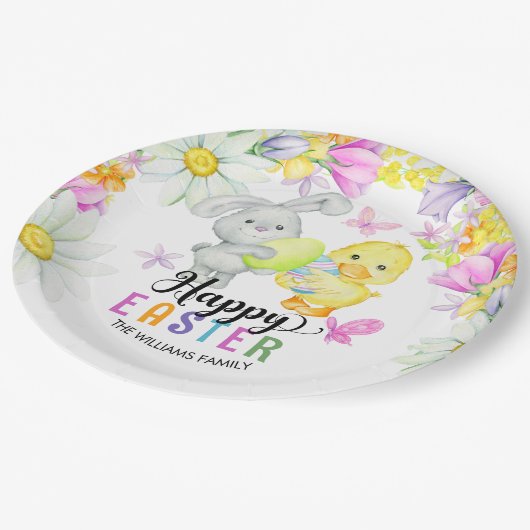 Ostern Brunch & Eierjagd Niedlich Bunny and Chick Pappteller (Schrägansicht)