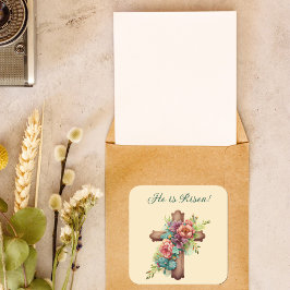 Ostern "Er ist Riser" Blumenkreuz Quadratischer Aufkleber