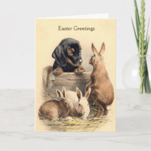 Ostern im Vintage-Stil - Dachshund-Welpe & Kaninch Feiertagskarte