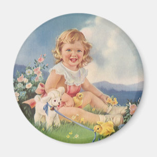 Ostern im Vintage-Stil, Mädchen mit Küken und Lamm Magnet