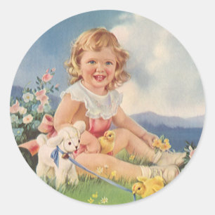 Ostern im Vintage-Stil, Mädchen mit Küken und Lamm Runder Aufkleber