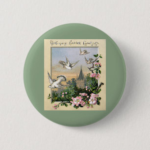 Ostern im Vintage-Stil, weiße Tauben und Blumen Button