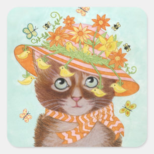 Ostern-Katze in Ostern-Mütze mit Schmetterlingen Quadratischer Aufkleber