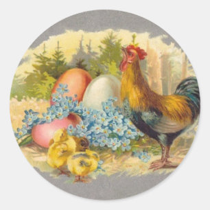 Ostern - Küken, Eier & Hahn - Antike Postkarte Runder Aufkleber