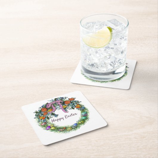 Ostern mit Blume, Eier, Ribbon auf einem Kranz Rechteckiger Pappuntersetzer (Vor Ort)