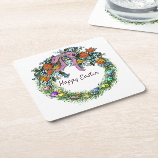 Ostern mit Blume, Eier, Ribbon auf einem Kranz Rechteckiger Pappuntersetzer (angewinkelt)