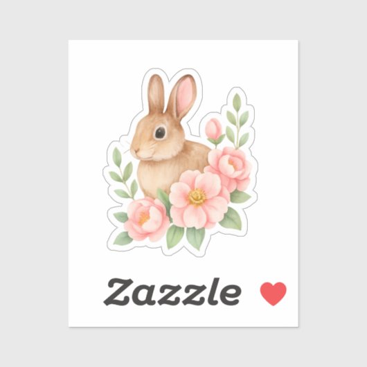 Ostern mit Kaninchen und rosa Blumen  Aufkleber (Blatt)