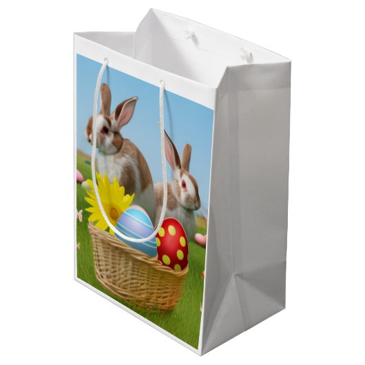 Ostern Niedlich Bunny für eine positive Stimmung Mittlere Geschenktüte (Rückseite Schrägansicht)