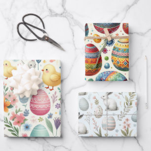 Ostern: Niedliche Brände, Küken; verzierte Eier Geschenkpapier Set
