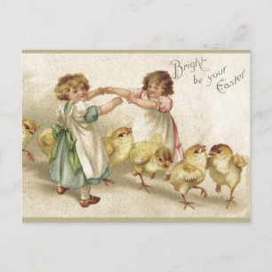 Ostern - Niedliche Girls mit Vintager Postkarte