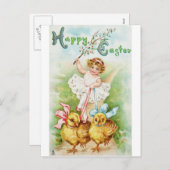 Ostern-Postkarten-Mädchen-Reitküken Feiertagspostkarte (Vorne/Hinten)