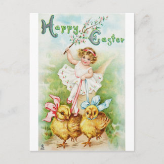 Ostern-Postkarten-Mädchen-Reitküken Feiertagspostkarte
