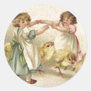 Ostern - Süße Mädchen mit Küken - Vintage-Postkart Runder Aufkleber