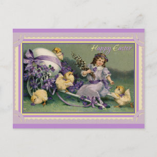 Ostern Süße Vintage-Küken Mädchen Lila Blumen Postkarte