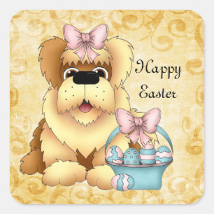 Ostern-Welpen-Feiertags-Cartoonaufkleber Quadratischer Aufkleber