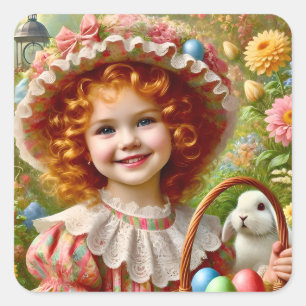 OSTERN ~WOW! VINTAGE GIRL ~ QUADRATISCHER AUFKLEBER