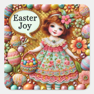 OSTERN ~WOW! VINTAGE GIRL ~ QUADRATISCHER AUFKLEBER