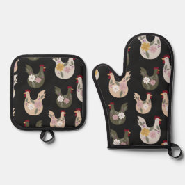Osternahtloses Muster mit Huhn. Ofenhandschuh & Topflappen-Set